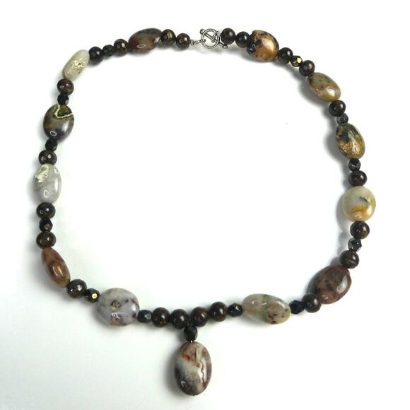 Natural Tumbled Rock Genuine Stone Agate Beaded Toggle Necklace Neutral Brown - Picture 1 of 7